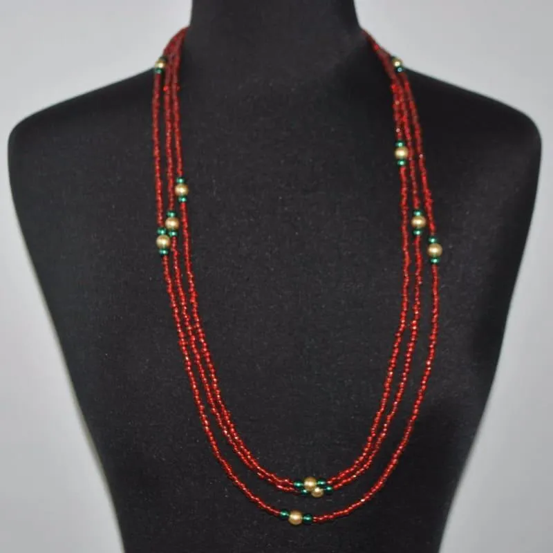 Long Three Strands Red With Green Ascent Necklace