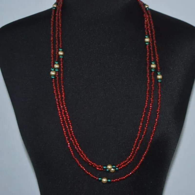 Long Three Strands Red With Green Ascent Necklace