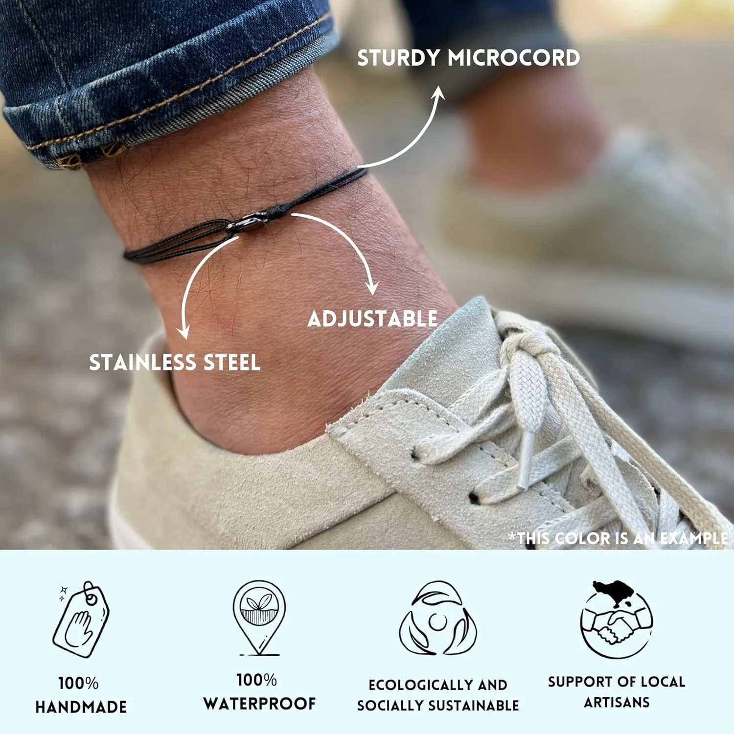 Made by Nami Surfer Anklet with Snap Hook Clasp Waterproof & Adjustable Thin String Ankle Bracelets for Women and Men Handmade Jewelry for Beach and Music Festival Accessories (Black Silver)