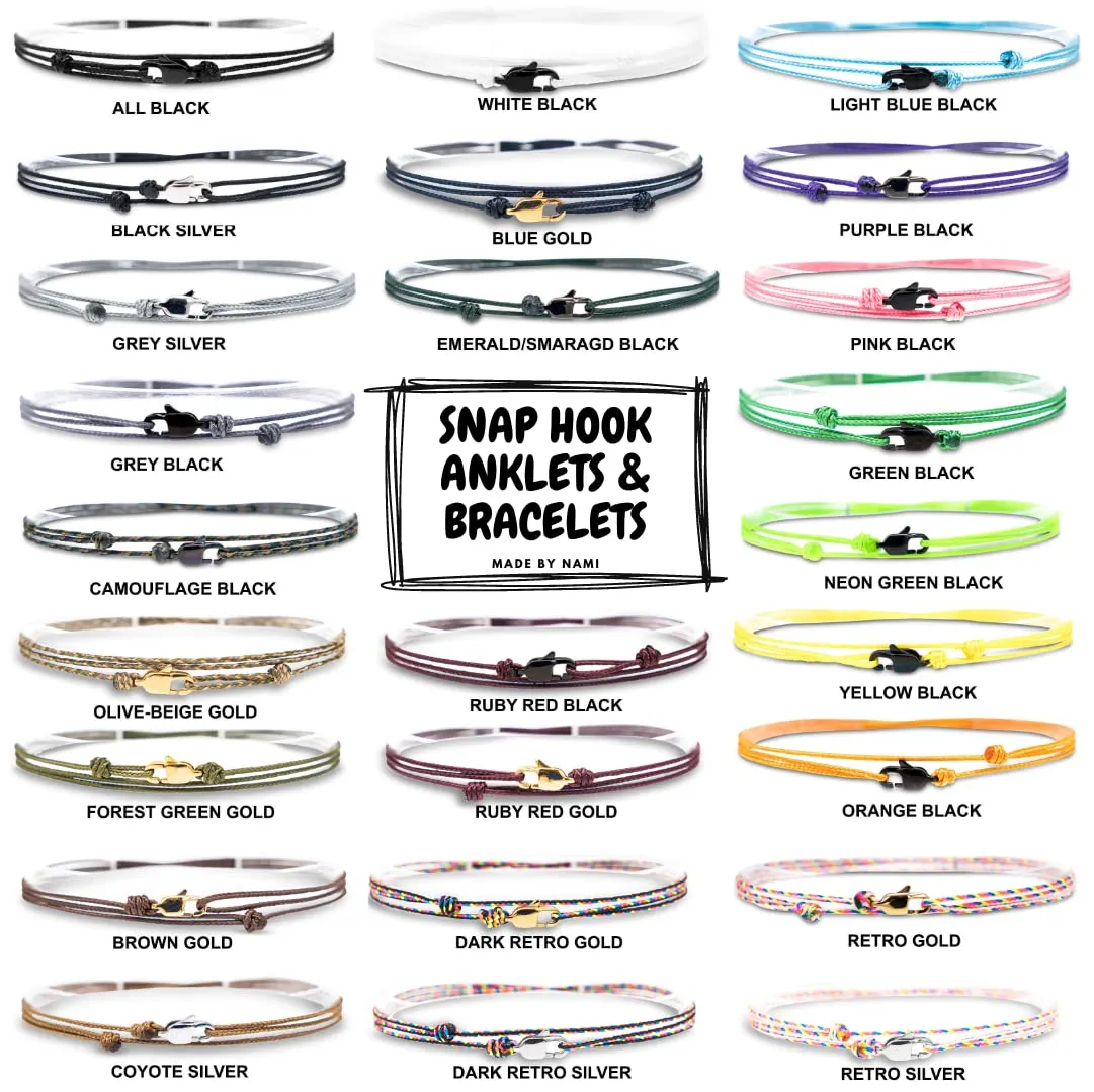 Made by Nami Surfer Anklet with Snap Hook Clasp Waterproof & Adjustable Thin String Ankle Bracelets for Women and Men Handmade Jewelry for Beach and Music Festival Accessories (Black Silver)