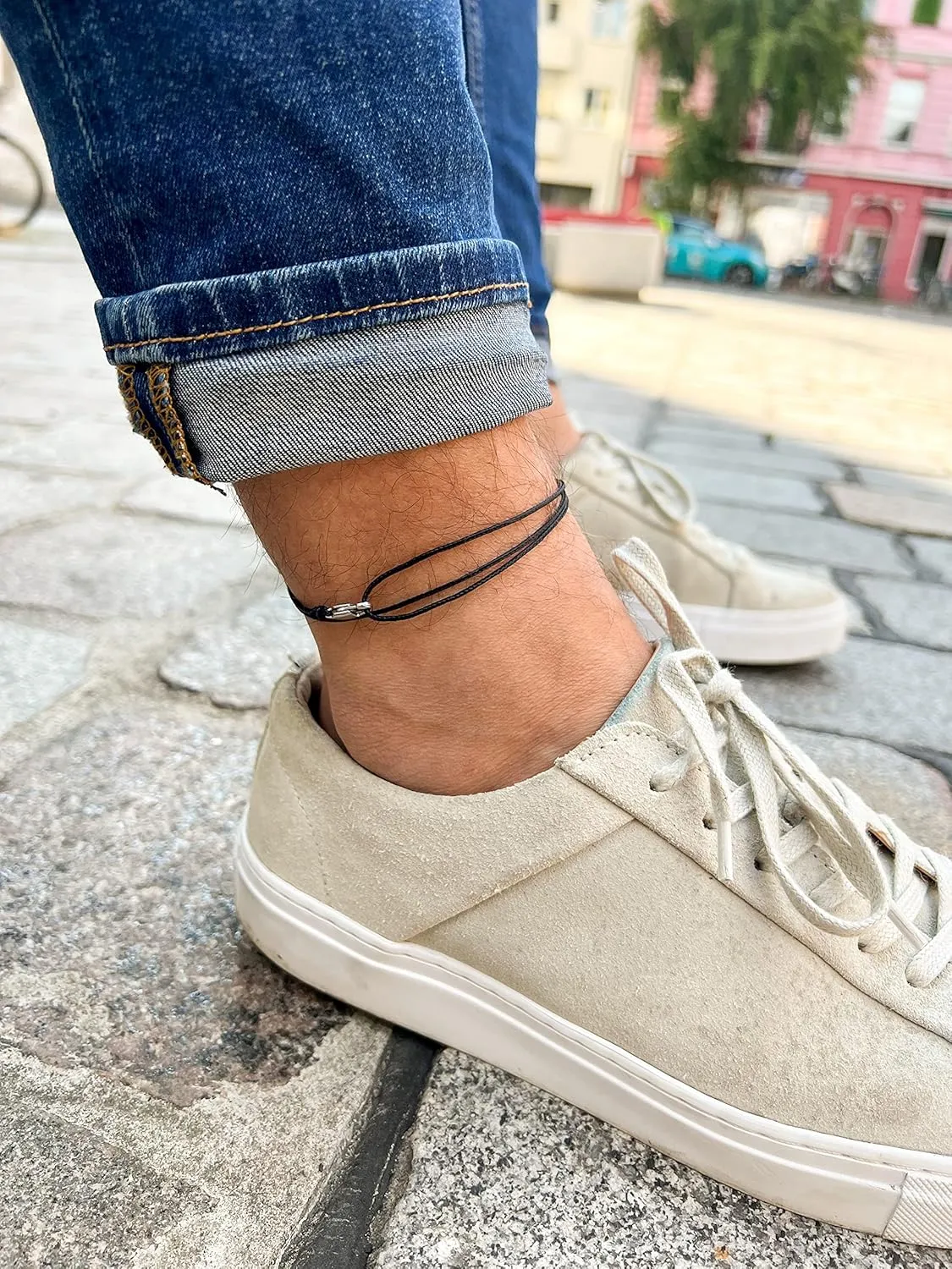 Made by Nami Surfer Anklet with Snap Hook Clasp Waterproof & Adjustable Thin String Ankle Bracelets for Women and Men Handmade Jewelry for Beach and Music Festival Accessories (Black Silver)
