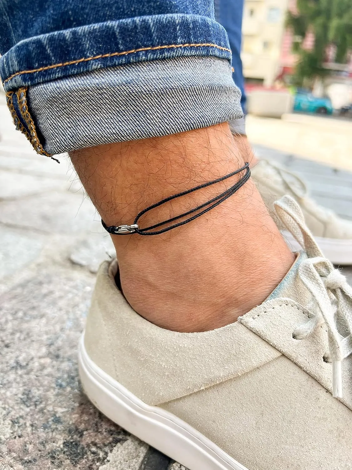Made by Nami Surfer Anklet with Snap Hook Clasp Waterproof & Adjustable Thin String Ankle Bracelets for Women and Men Handmade Jewelry for Beach and Music Festival Accessories (Black Silver)