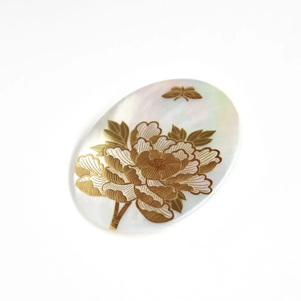 Maki-e Urushi Lacquer Brooch - White South Sea Pearl Shell / Butterfly and Peony -, Traditional Japanese Urushi Lacquer Jewelry