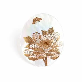 Maki-e Urushi Lacquer Brooch - White South Sea Pearl Shell / Butterfly and Peony -, Traditional Japanese Urushi Lacquer Jewelry