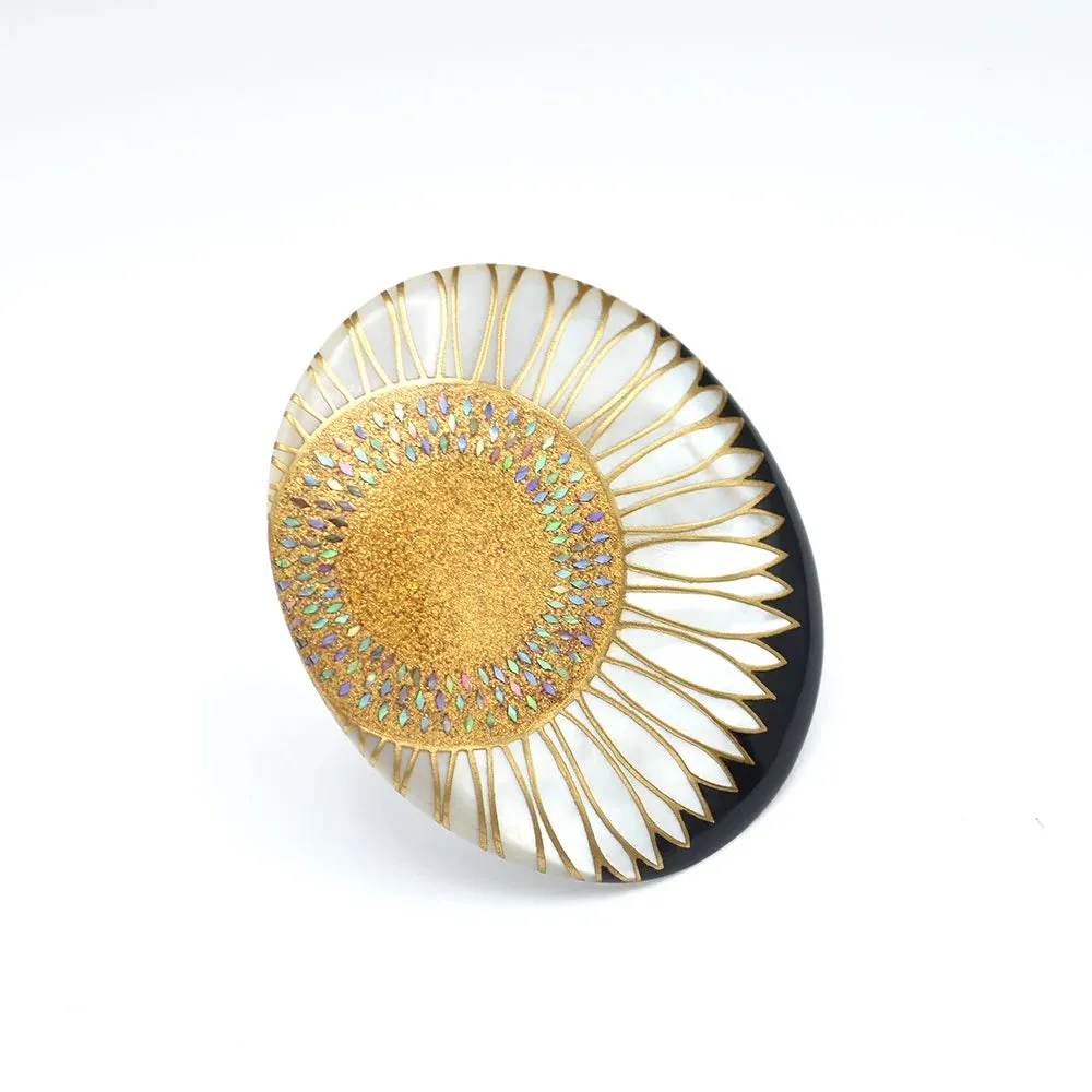 Maki-e Urushi Lacquer Brooch - White South Sea Pearl Shell / Sunflower  -, Traditional Japanese Urushi Lacquer Jewelry