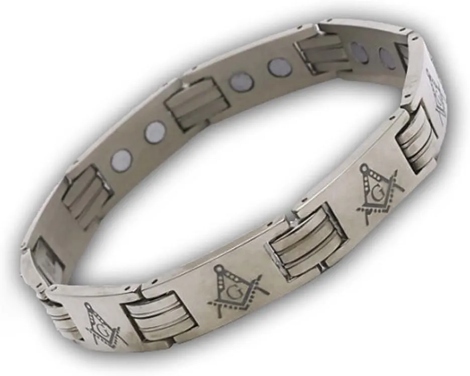 Masonic Bracelets - Silver Color Stainless Steel Across Design Freemason - Link Bracelet with Classic Symbol - Masonic Jewelry