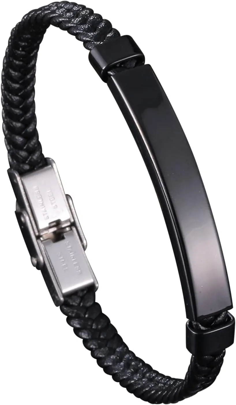 Men's Bracelets Silver, Chain Bracelets Simple Style Braided Leather Cord Bracelet Stainless Steel Cool Bracelets for Men