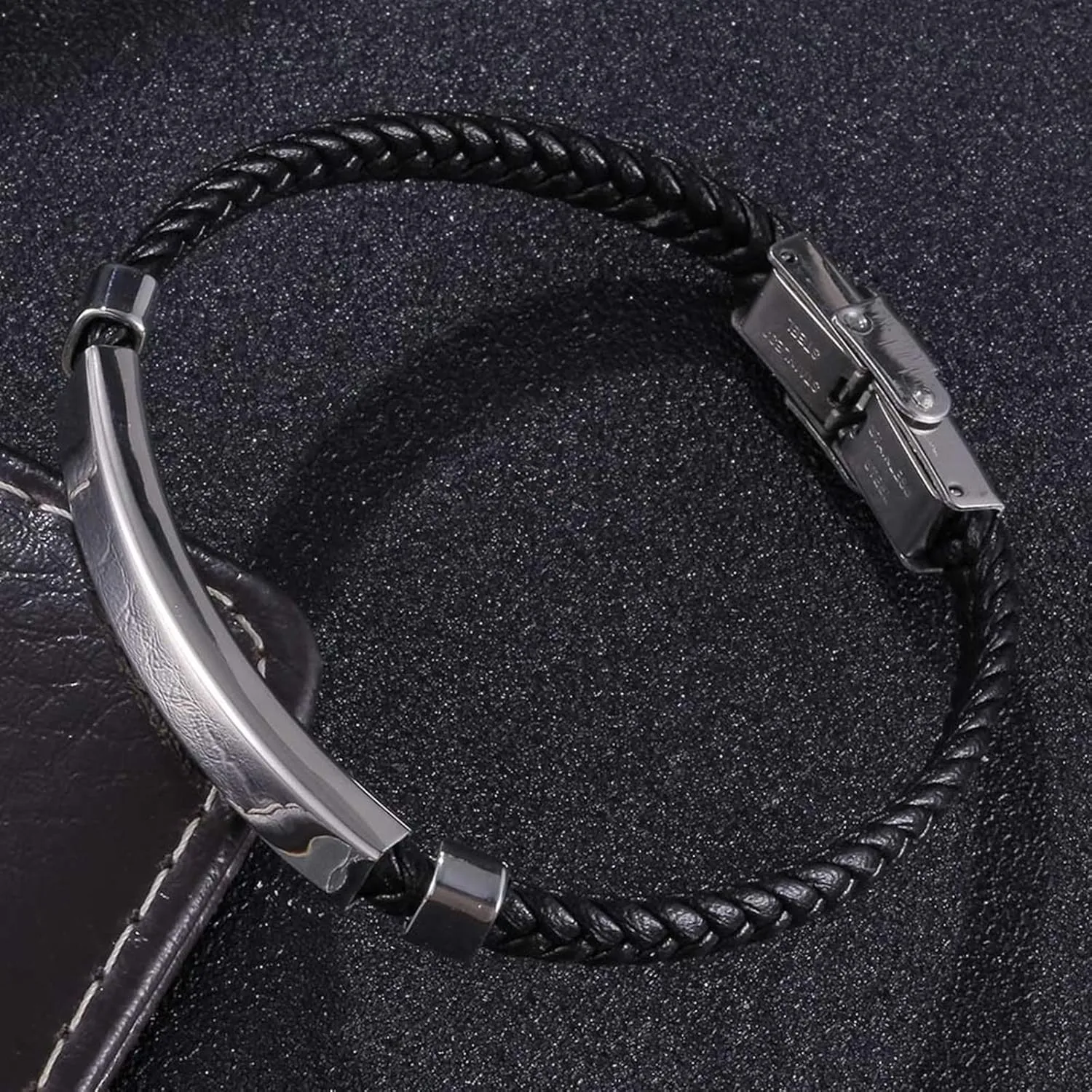 Men's Bracelets Silver, Chain Bracelets Simple Style Braided Leather Cord Bracelet Stainless Steel Cool Bracelets for Men