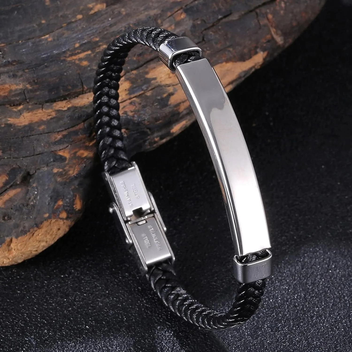 Men's Bracelets Silver, Chain Bracelets Simple Style Braided Leather Cord Bracelet Stainless Steel Cool Bracelets for Men