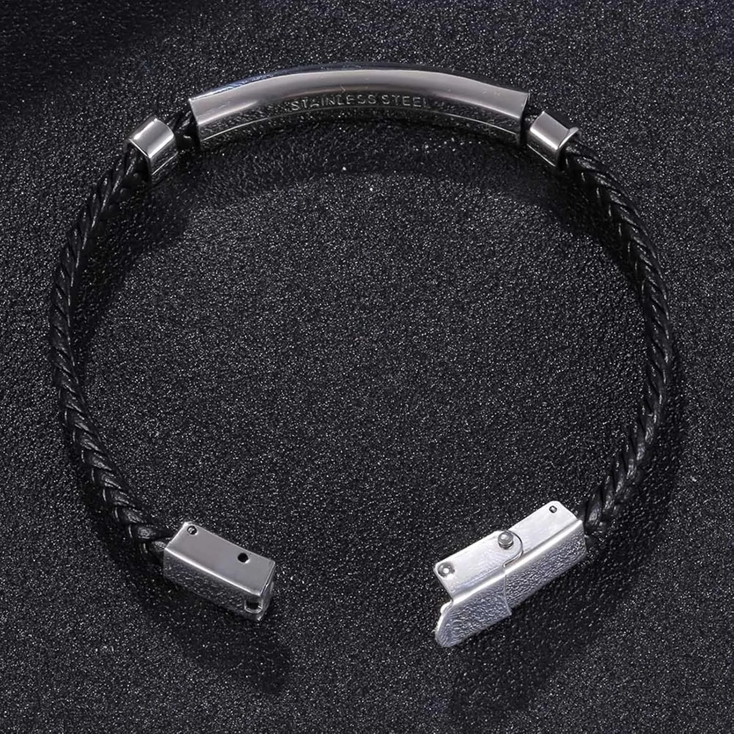 Men's Bracelets Silver, Chain Bracelets Simple Style Braided Leather Cord Bracelet Stainless Steel Cool Bracelets for Men