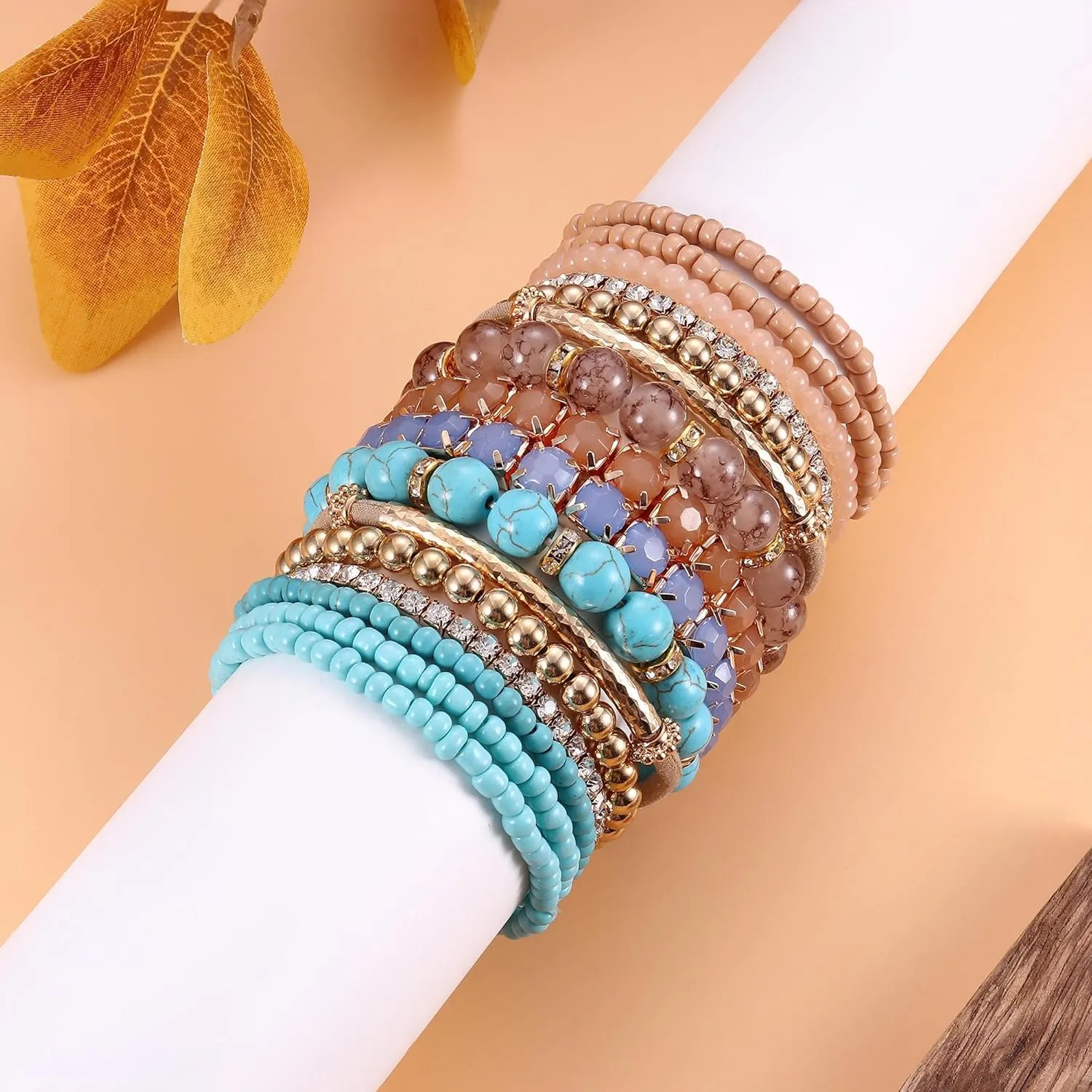 MILACOLATO 4 Sets Boho Bracelets for Women Multi-Color Layered Stackable Natural Beaded Bracelets Adjustable Stretch Bohemian Bracelets