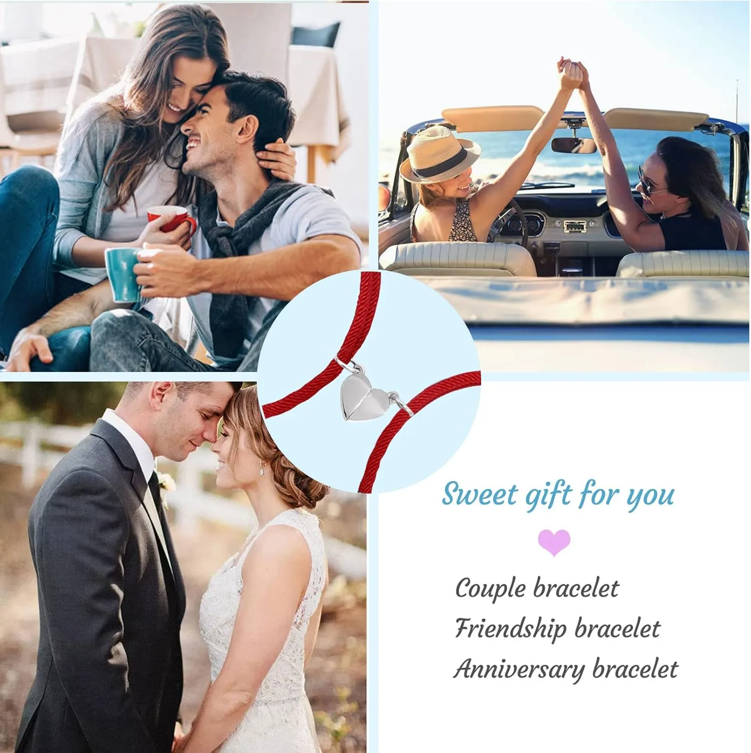 MissNaNa Personalized Bracelets for Couples 2 Pcs Heart Matching Bracelets Set Couple Bracelets for Boyfriend Girlfriend Valentines Day Gifts