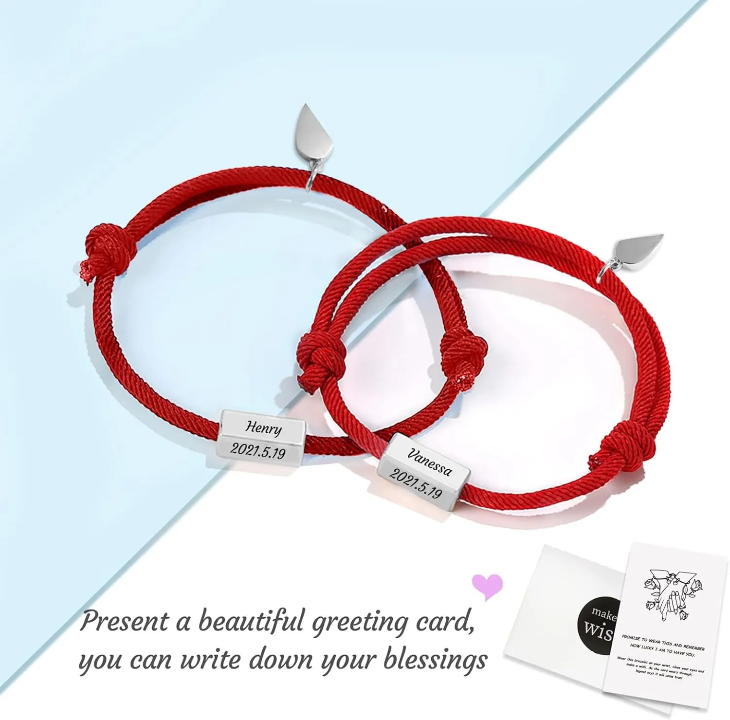 MissNaNa Personalized Bracelets for Couples 2 Pcs Heart Matching Bracelets Set Couple Bracelets for Boyfriend Girlfriend Valentines Day Gifts