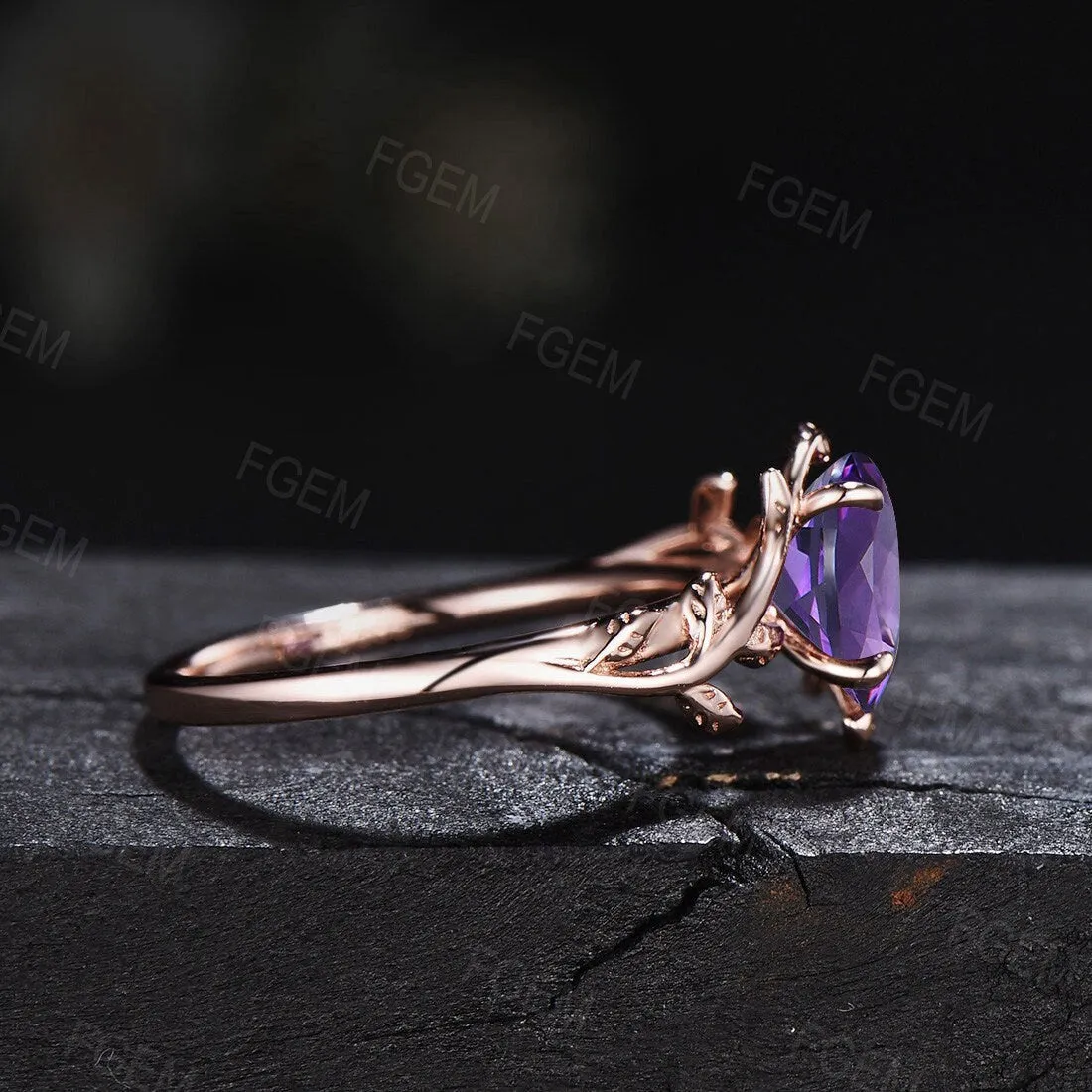 Nature Inspired Natural Amethyst Leaf Solitaire Ring Sterling Silver Oval Purple Crystal Ring Alternative Gemstone Ring February Birthstone