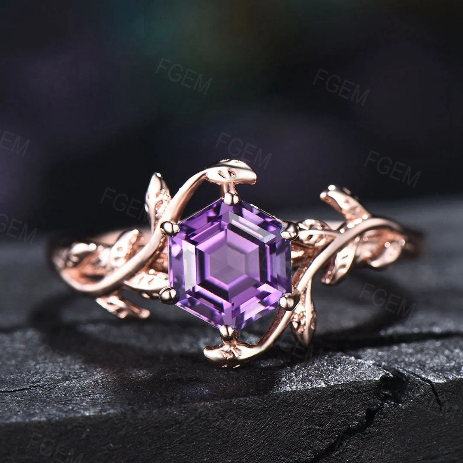 Nature Inspired Natural Amethyst Leaf Solitaire Ring Sterling Silver Oval Purple Crystal Ring Alternative Gemstone Ring February Birthstone