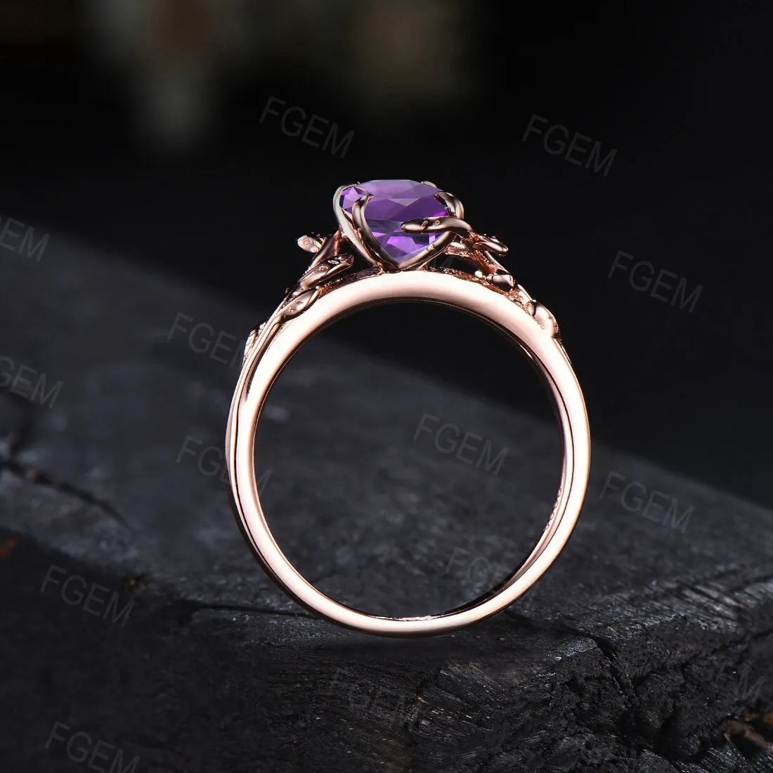 Nature Inspired Natural Amethyst Leaf Solitaire Ring Sterling Silver Oval Purple Crystal Ring Alternative Gemstone Ring February Birthstone