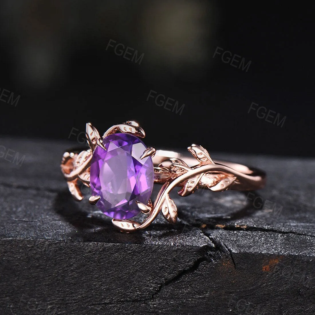 Nature Inspired Natural Amethyst Leaf Solitaire Ring Sterling Silver Oval Purple Crystal Ring Alternative Gemstone Ring February Birthstone
