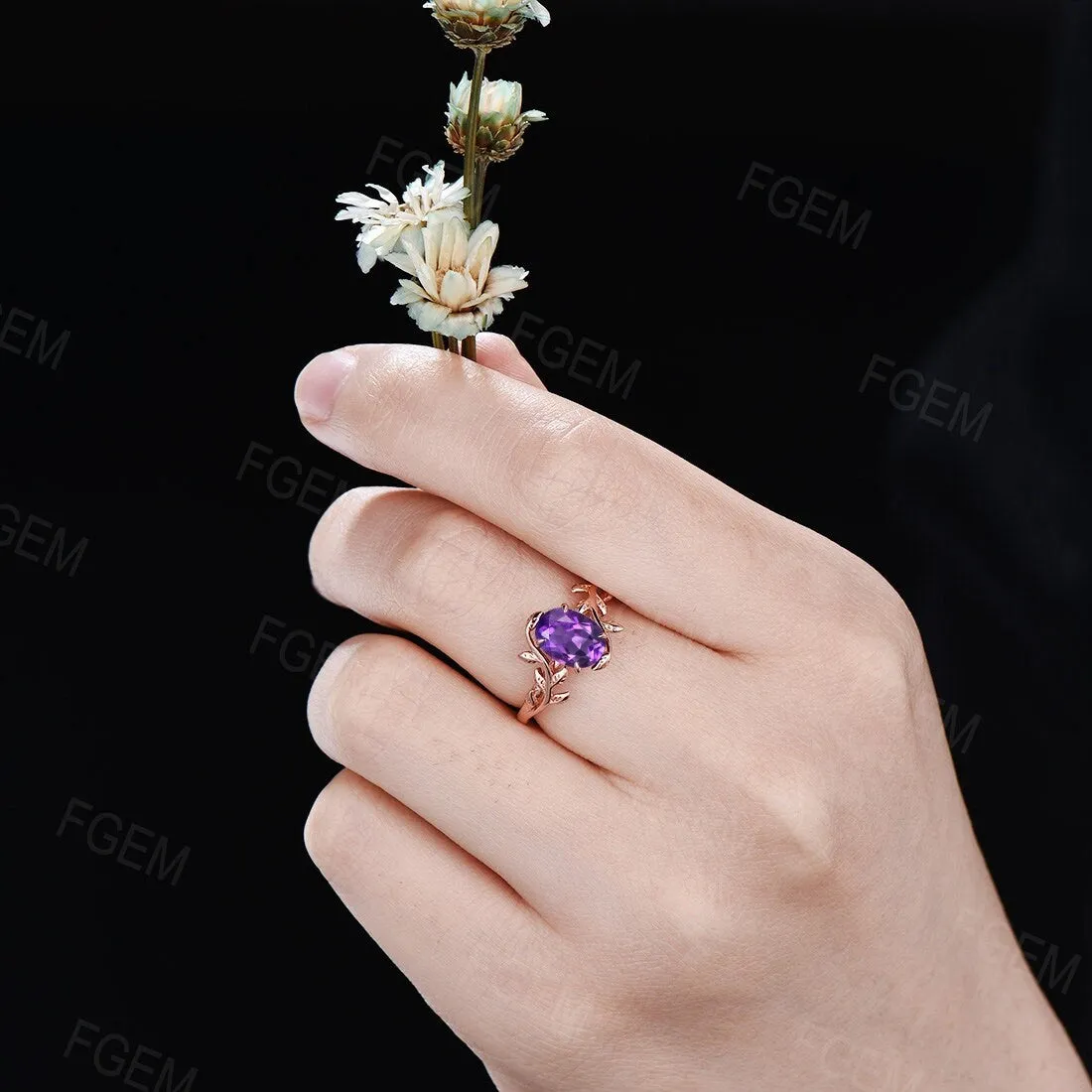 Nature Inspired Natural Amethyst Leaf Solitaire Ring Sterling Silver Oval Purple Crystal Ring Alternative Gemstone Ring February Birthstone