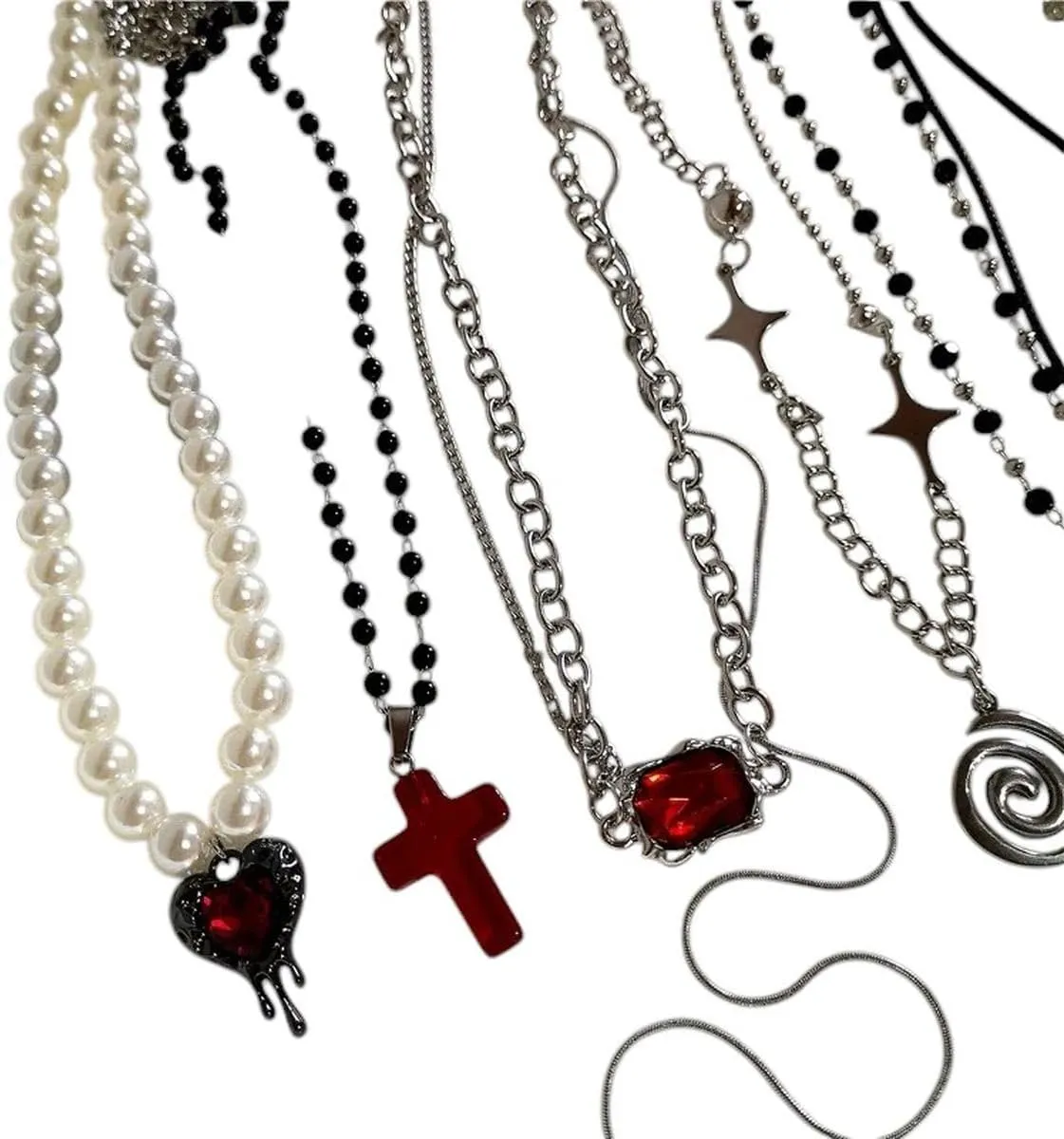New 2026 Punk Gothic Red Glass Cross Heart Pendant Pearl Necklace For Women Men Hip Hop 90S Short Choker Charms Jewelry Accessories Fashion Trendy Creative Gift