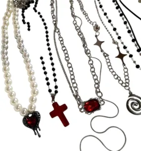 New 2026 Punk Gothic Red Glass Cross Heart Pendant Pearl Necklace For Women Men Hip Hop 90S Short Choker Charms Jewelry Accessories Fashion Trendy Creative Gift