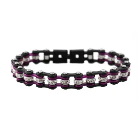 NEW 3/8" Wide MiniGunmetal/Candy Purple with White Crystal Centers Stainless Steel Motorcycle Bike Chain Bracelet