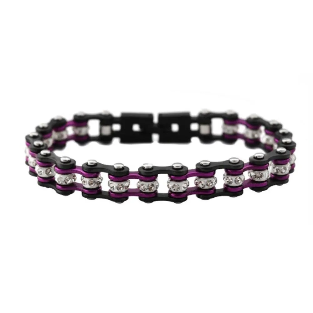 NEW 3/8" Wide MiniGunmetal/Candy Purple with White Crystal Centers Stainless Steel Motorcycle Bike Chain Bracelet