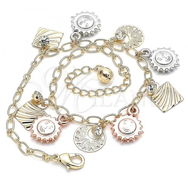 Oro Laminado Charm Anklet , Gold Filled Style Sun Design, with White Crystal, Polished, Tricolor, 03.331.0056.10