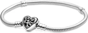 PANDORA Pandora Moments Family Tree Heart Clasp Snake Chain Bracelet, Clear CZ 925 Sterling Silver Charm Bracelet