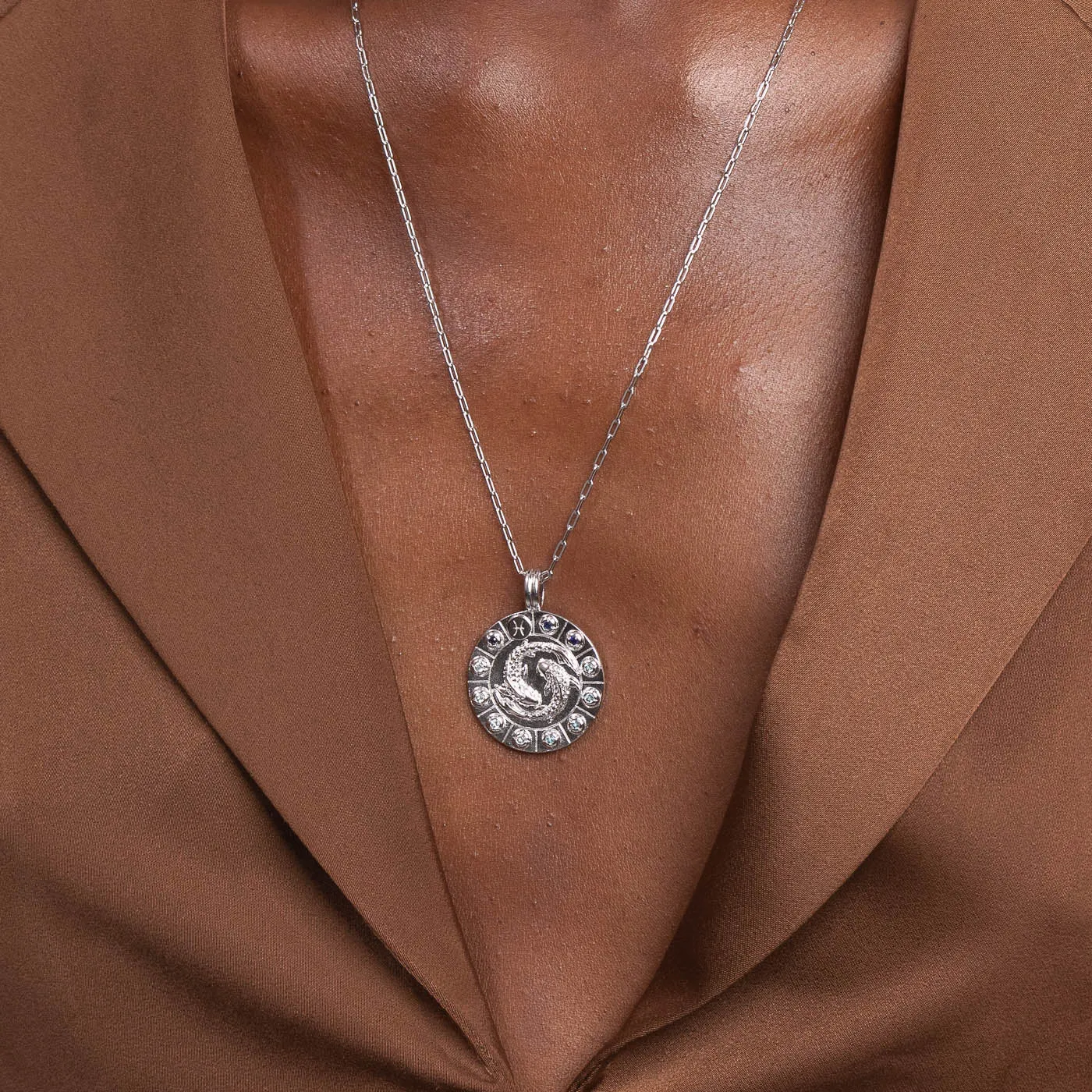 Pisces Bold Zodiac Pendant Necklace in Silver