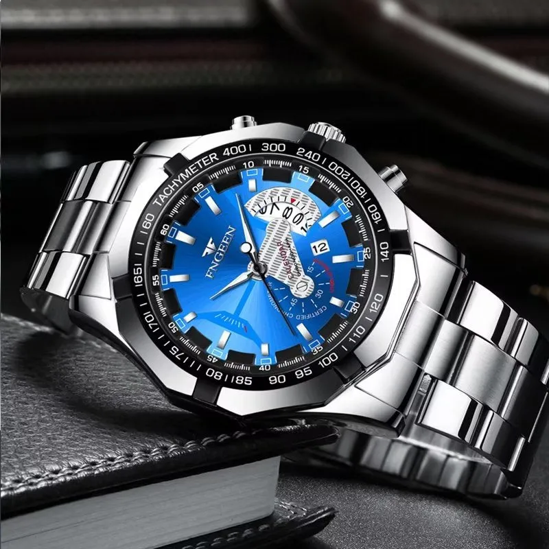 PrecisionMaster Stainless Steel Quartz Calendar Watch