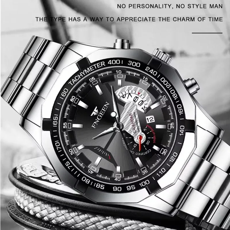 PrecisionMaster Stainless Steel Quartz Calendar Watch