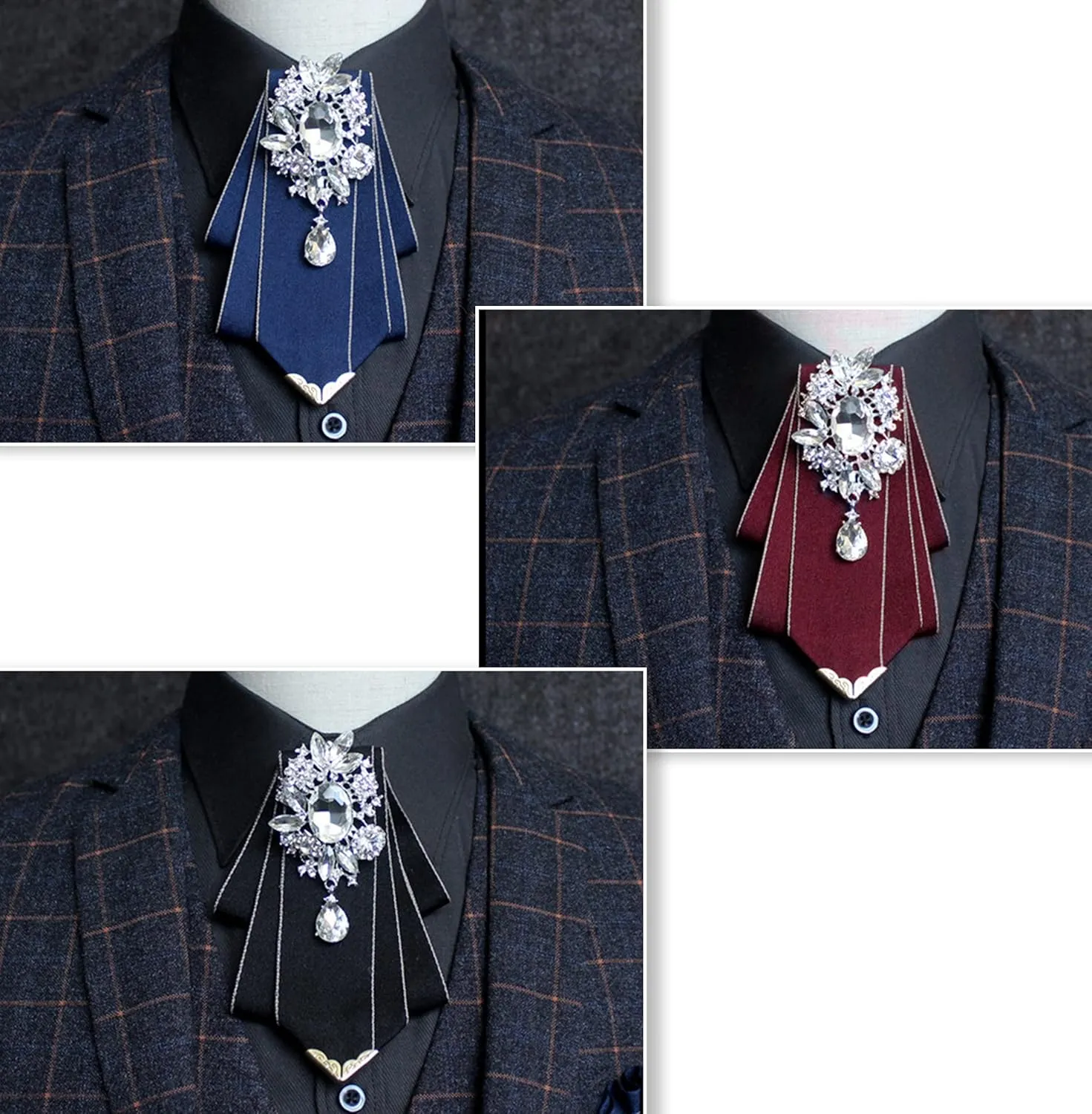 Pretied Bow Tie Brooch for Men Set Silk Vintage Crystal Bowties Men