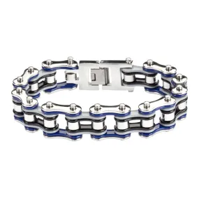 Quad Color Blue Grey Black Silver 3/4" Wide Double Link Design Men's Stainless Steel Motorcycle Chain Bracelet