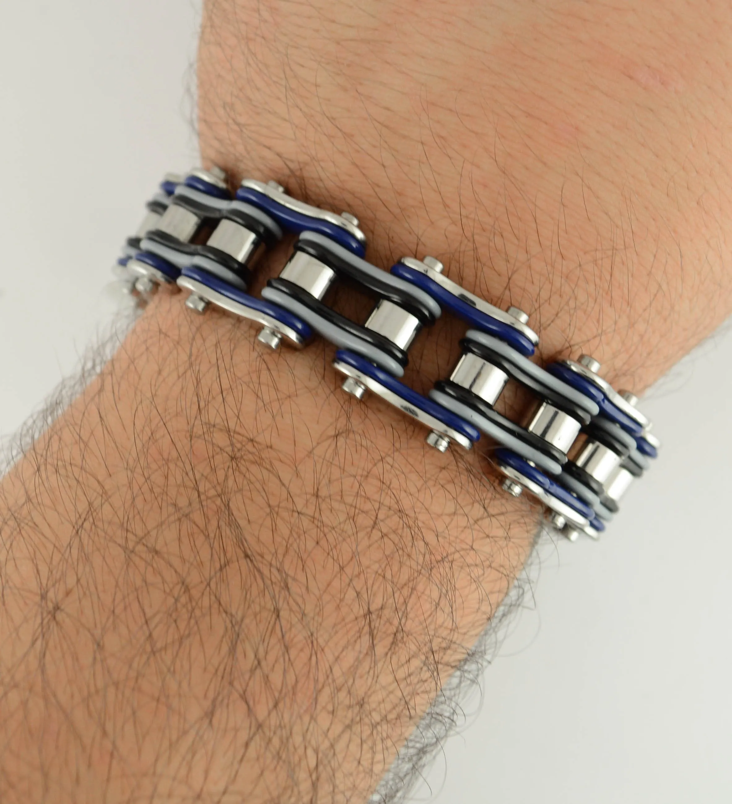 Quad Color Blue Grey Black Silver 3/4" Wide Double Link Design Men's Stainless Steel Motorcycle Chain Bracelet