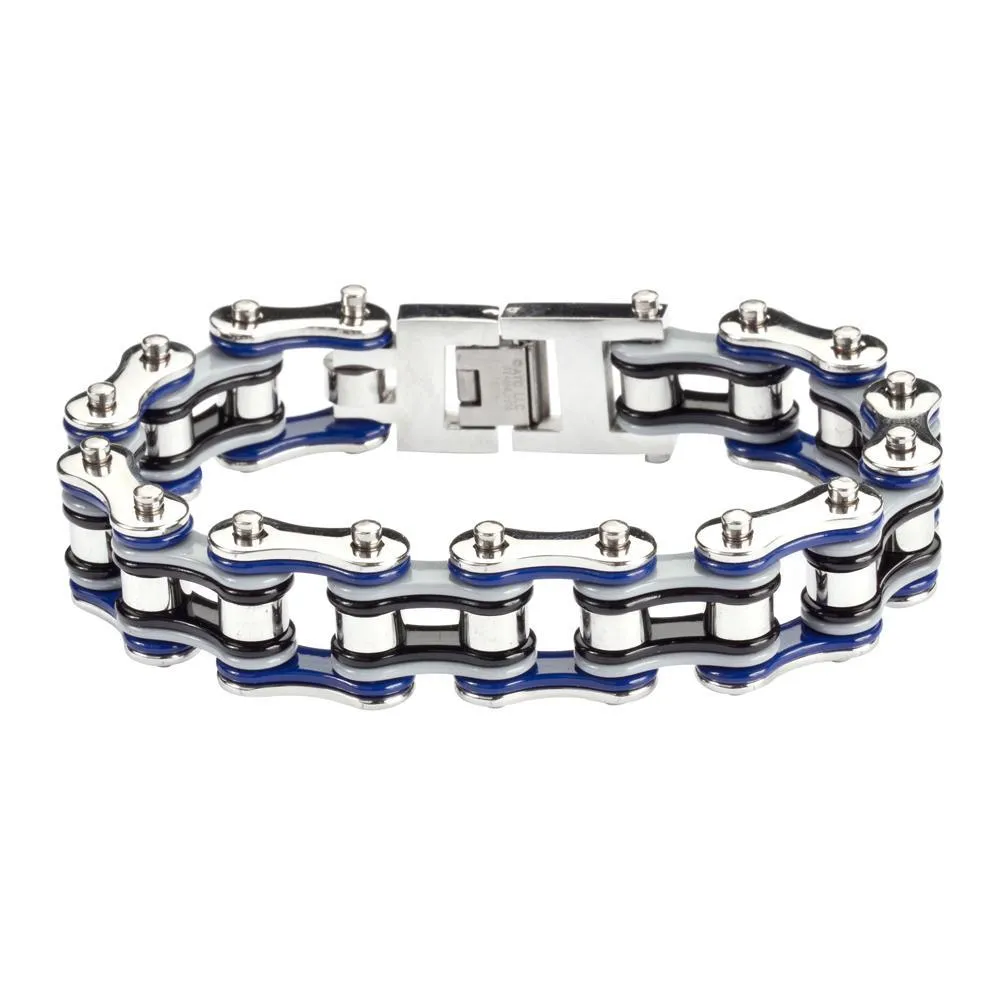 Quad Color Blue Grey Black Silver 3/4" Wide Double Link Design Men's Stainless Steel Motorcycle Chain Bracelet