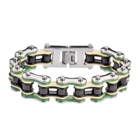Quad Color Silver Green Tan Black 3/4" Wide Double Link Design Men's Stainless Steel Motorcycle Chain Bracelet