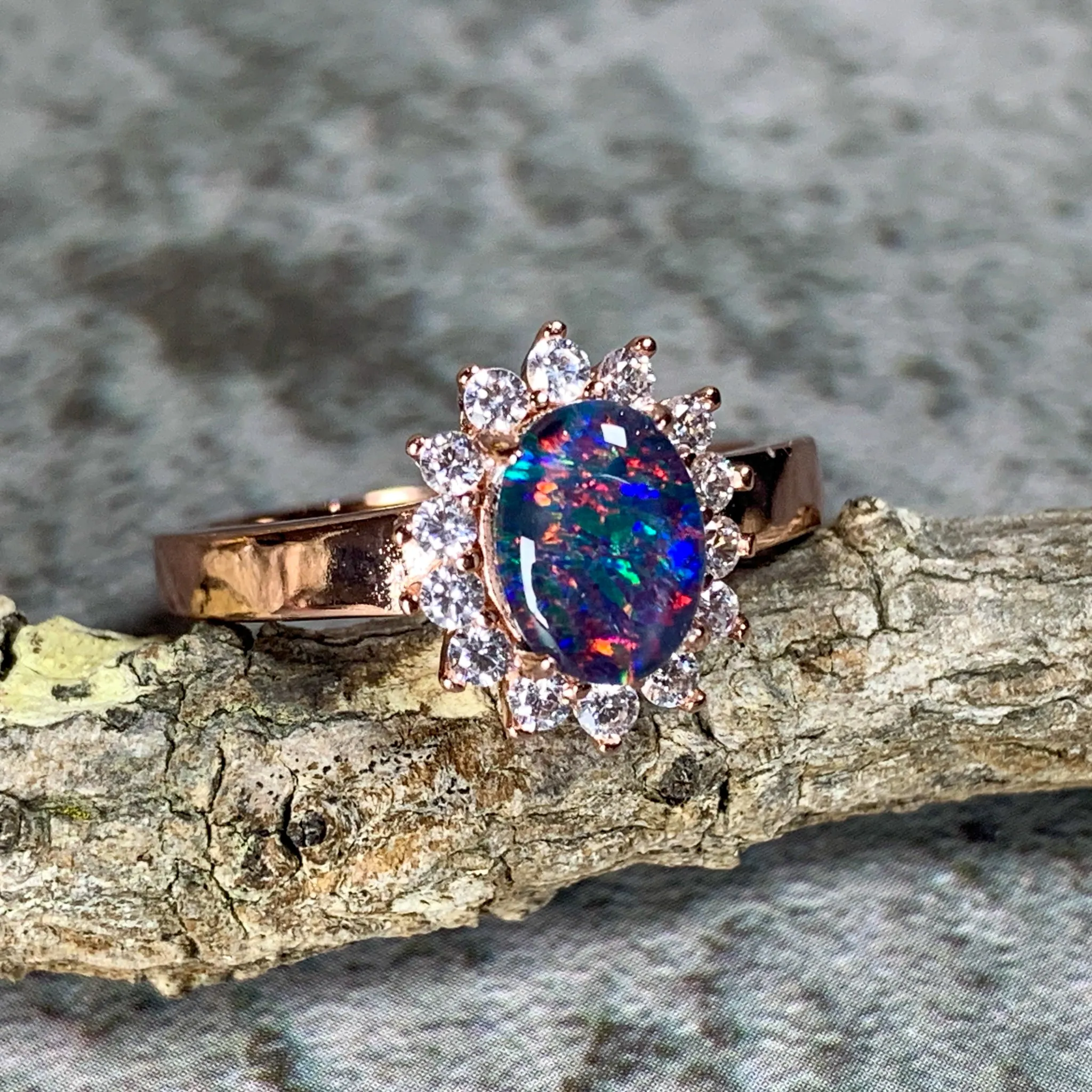 Rose Gold Plated Opal triplet 8x6mm cluster ring