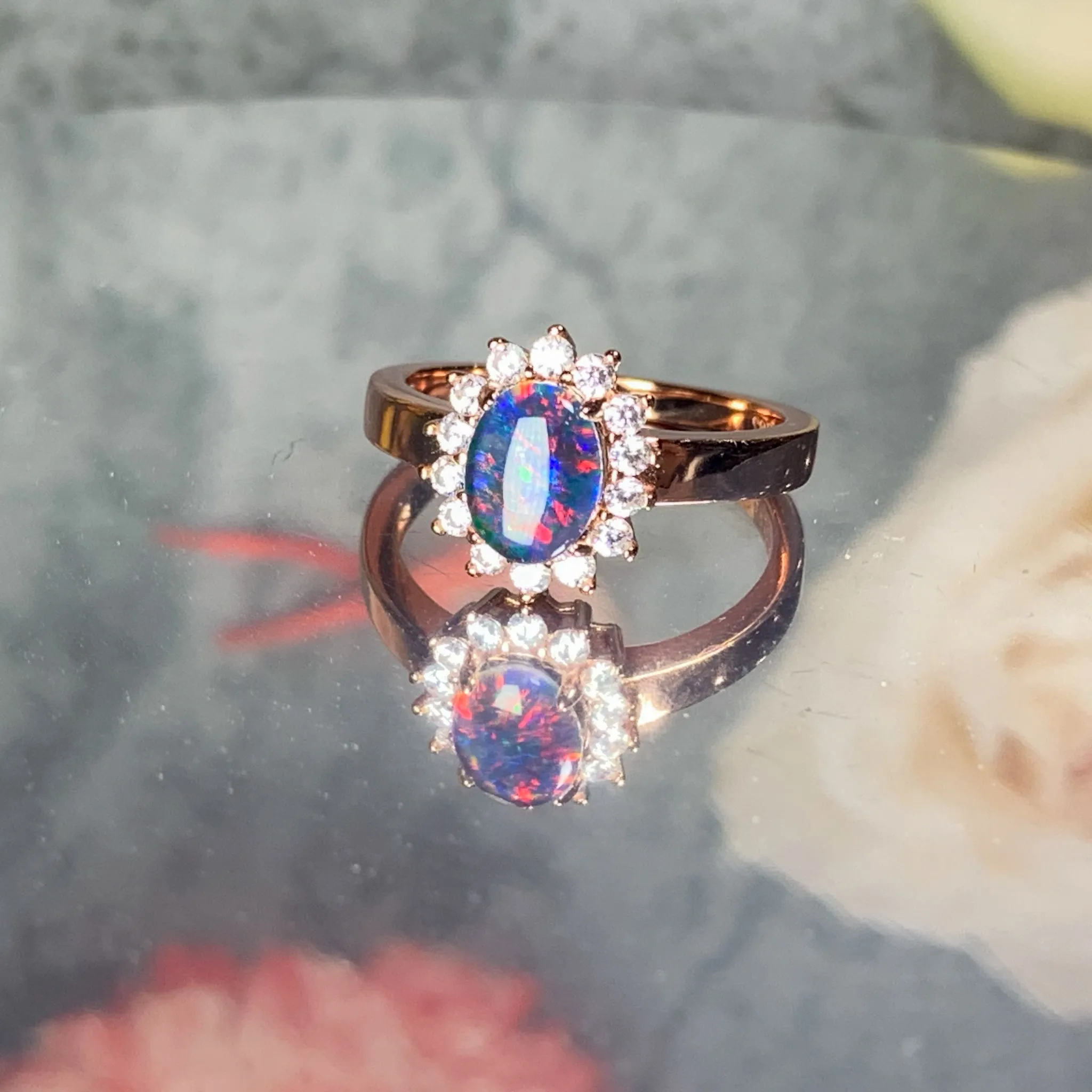 Rose Gold Plated Opal triplet 8x6mm cluster ring