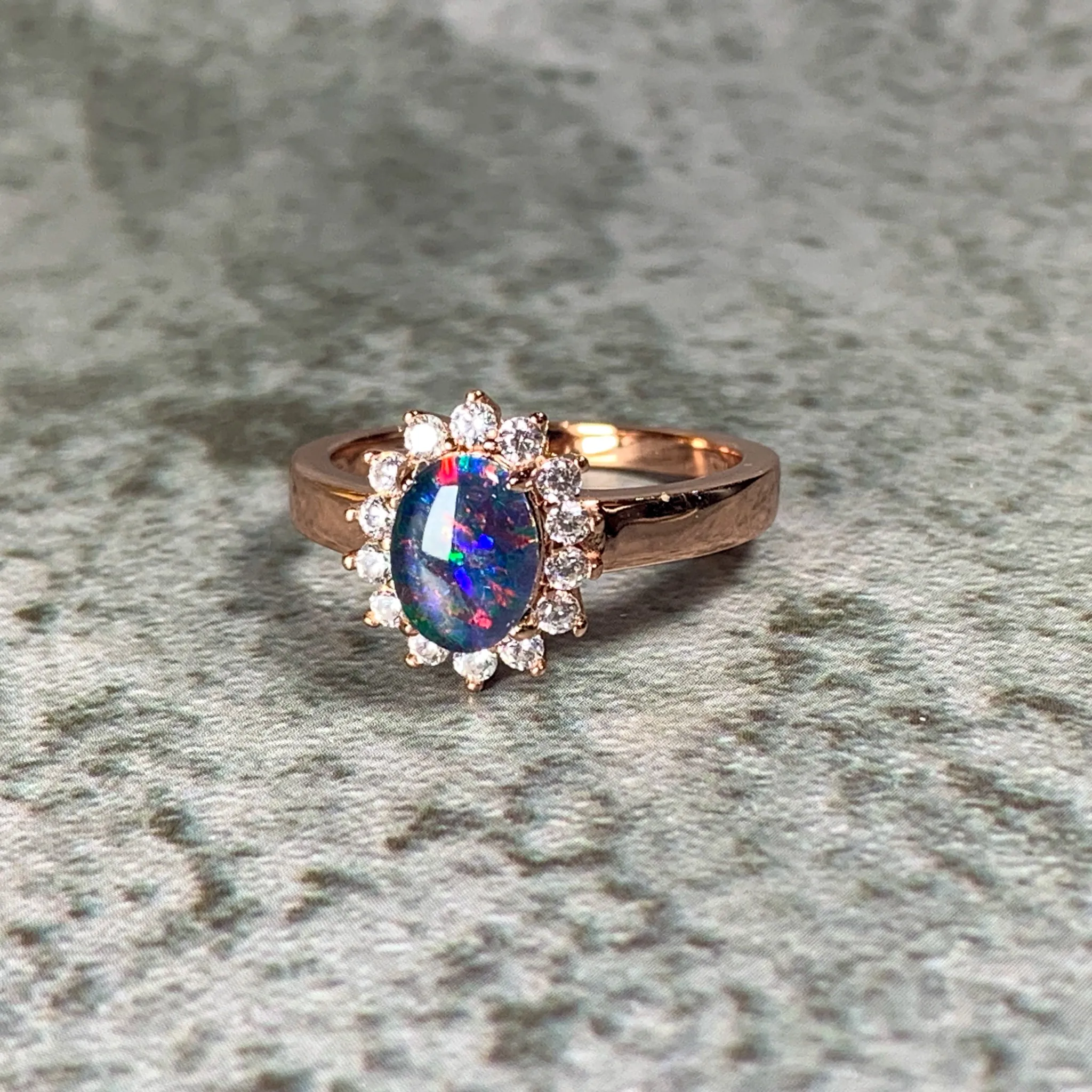 Rose Gold Plated Opal triplet 8x6mm cluster ring