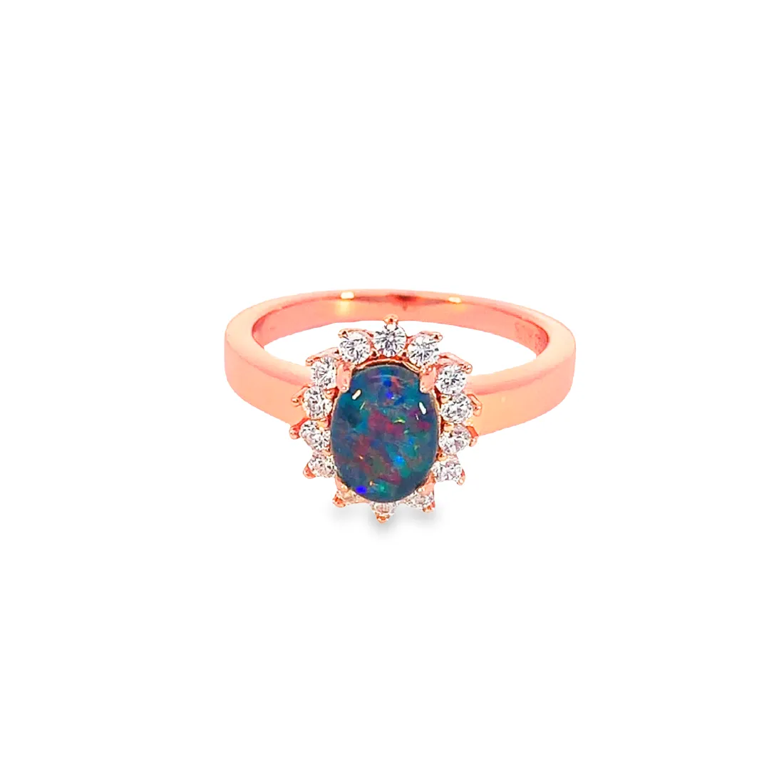Rose Gold Plated Opal triplet 8x6mm cluster ring