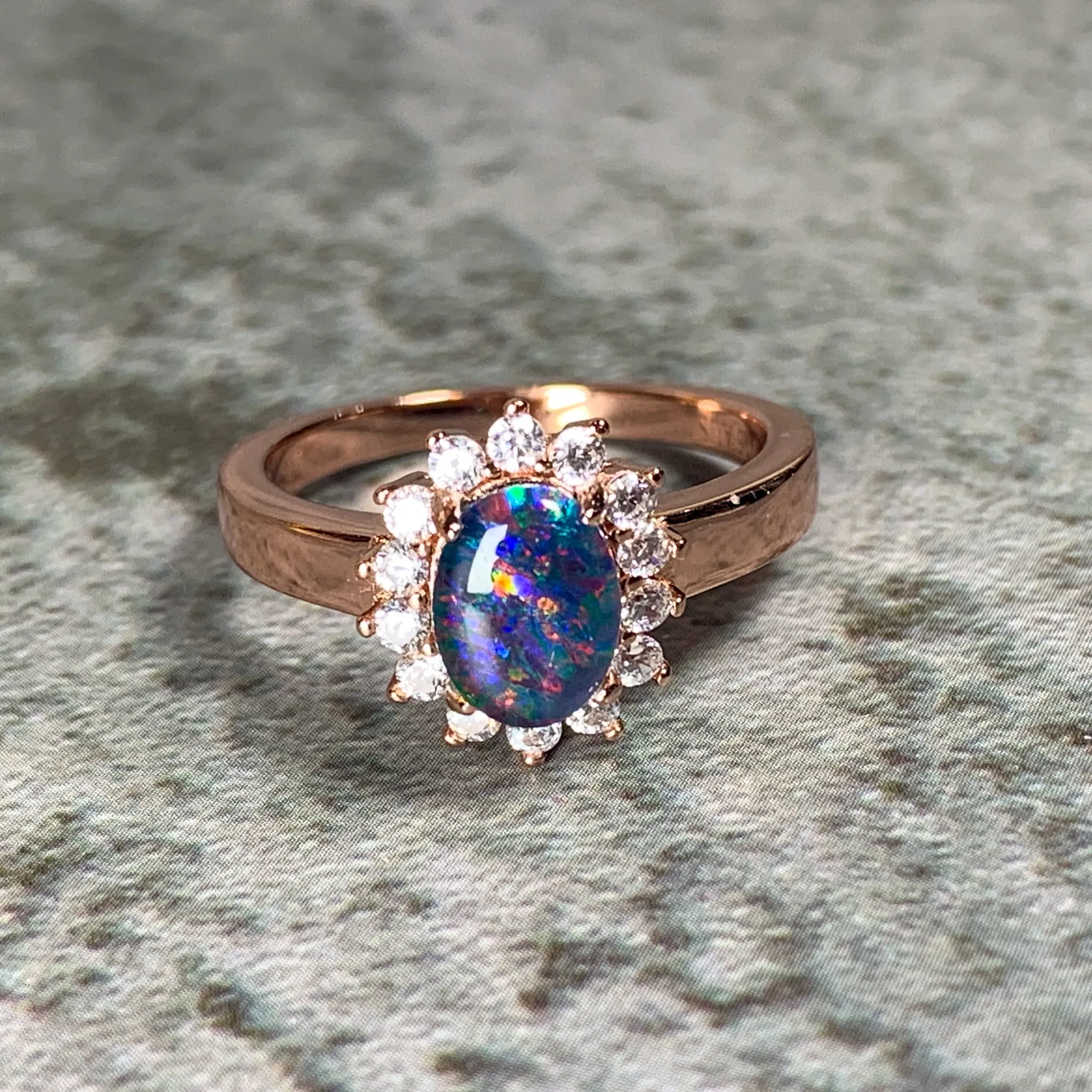 Rose Gold Plated Opal triplet 8x6mm cluster ring