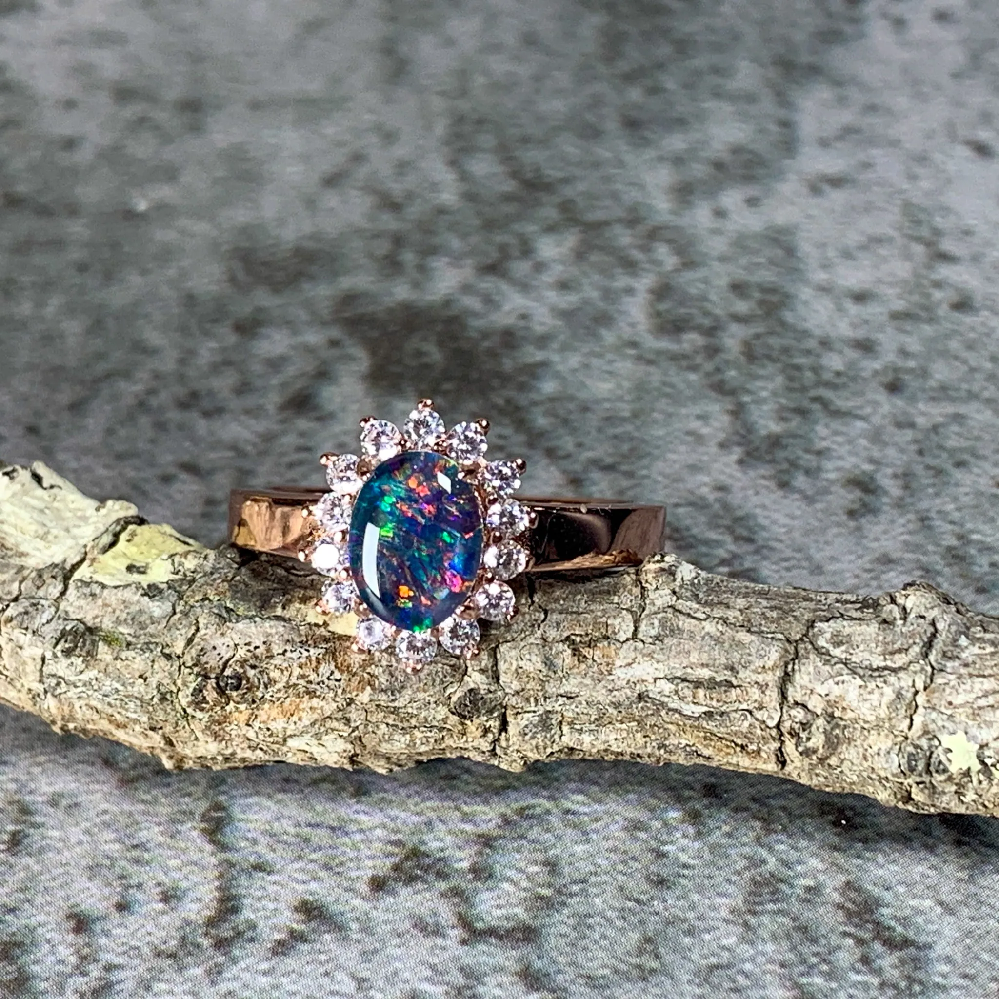 Rose Gold Plated Opal triplet 8x6mm cluster ring
