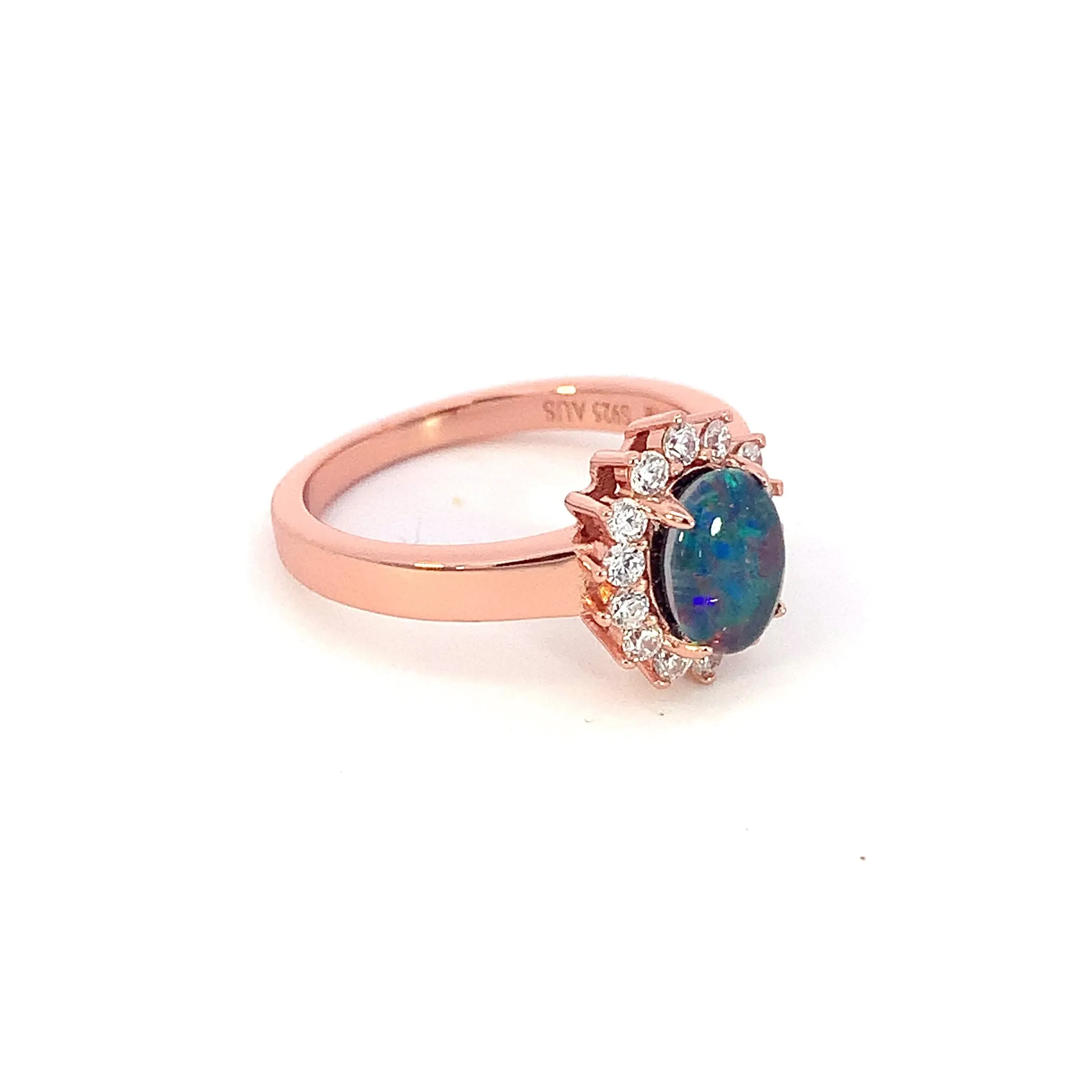 Rose Gold Plated Opal triplet 8x6mm cluster ring