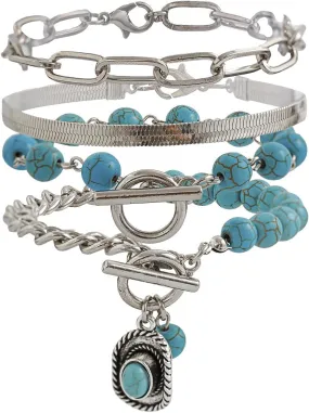 Rrdaily Boho Layered Turquoise Beads Bracelets Set for Women Stackable Paperclip Herringbone Chain Bangles Trendy Charm Beaded Bracelets Jewelry Gifts