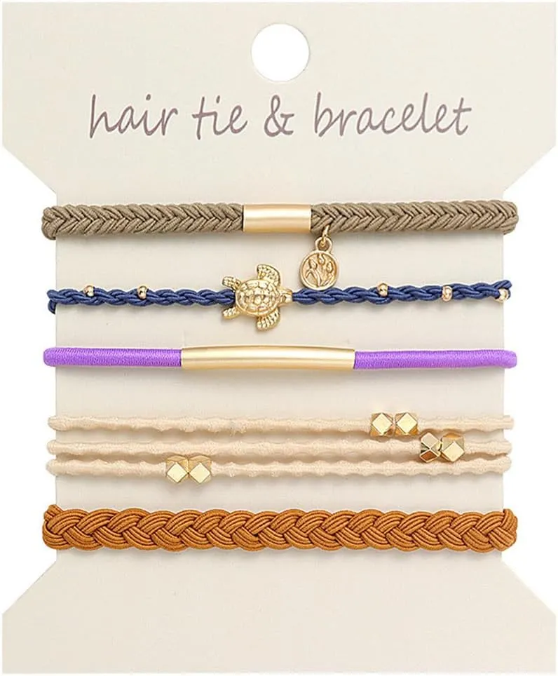 Sea Turtle Stretch Bracelet Sets for Women Soft Braided Boho Rubber Band Bracelets kit Adjustable Bands Elastic Coconut Tree Heart Bracelet Party Holiday Vacation Jewelry