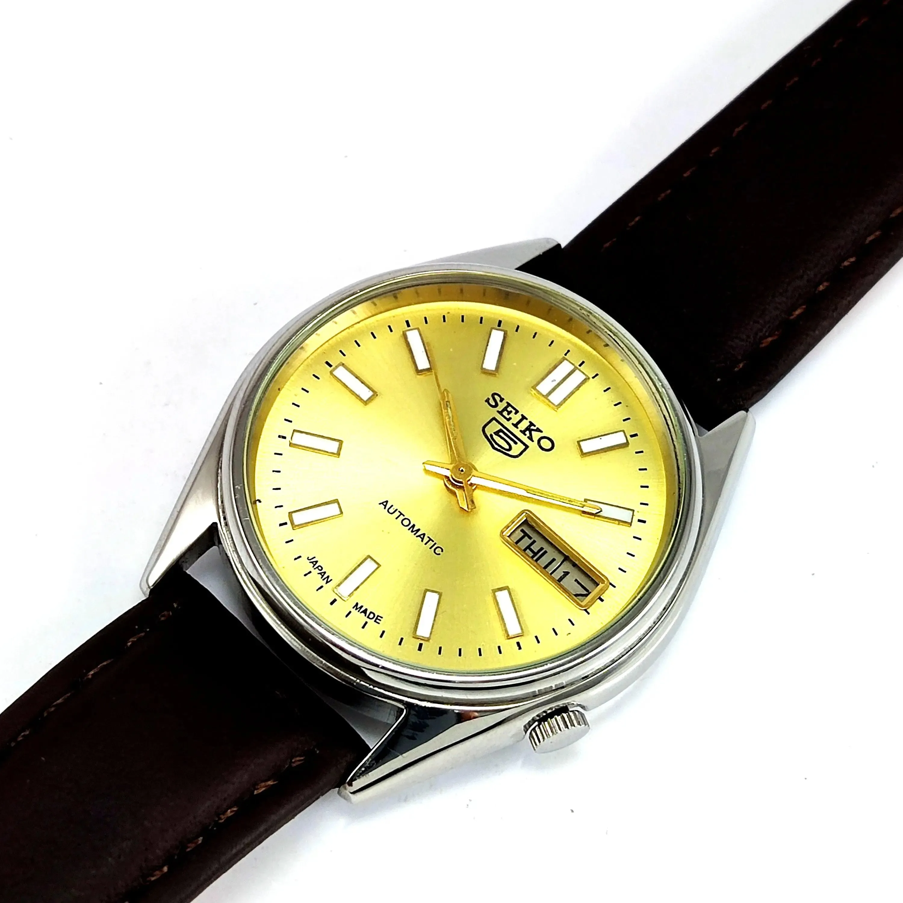 Seiko 5 Automatic-7009A Golden Dial 17 Jewels Day Date Men's Wrist Mechanical Watch