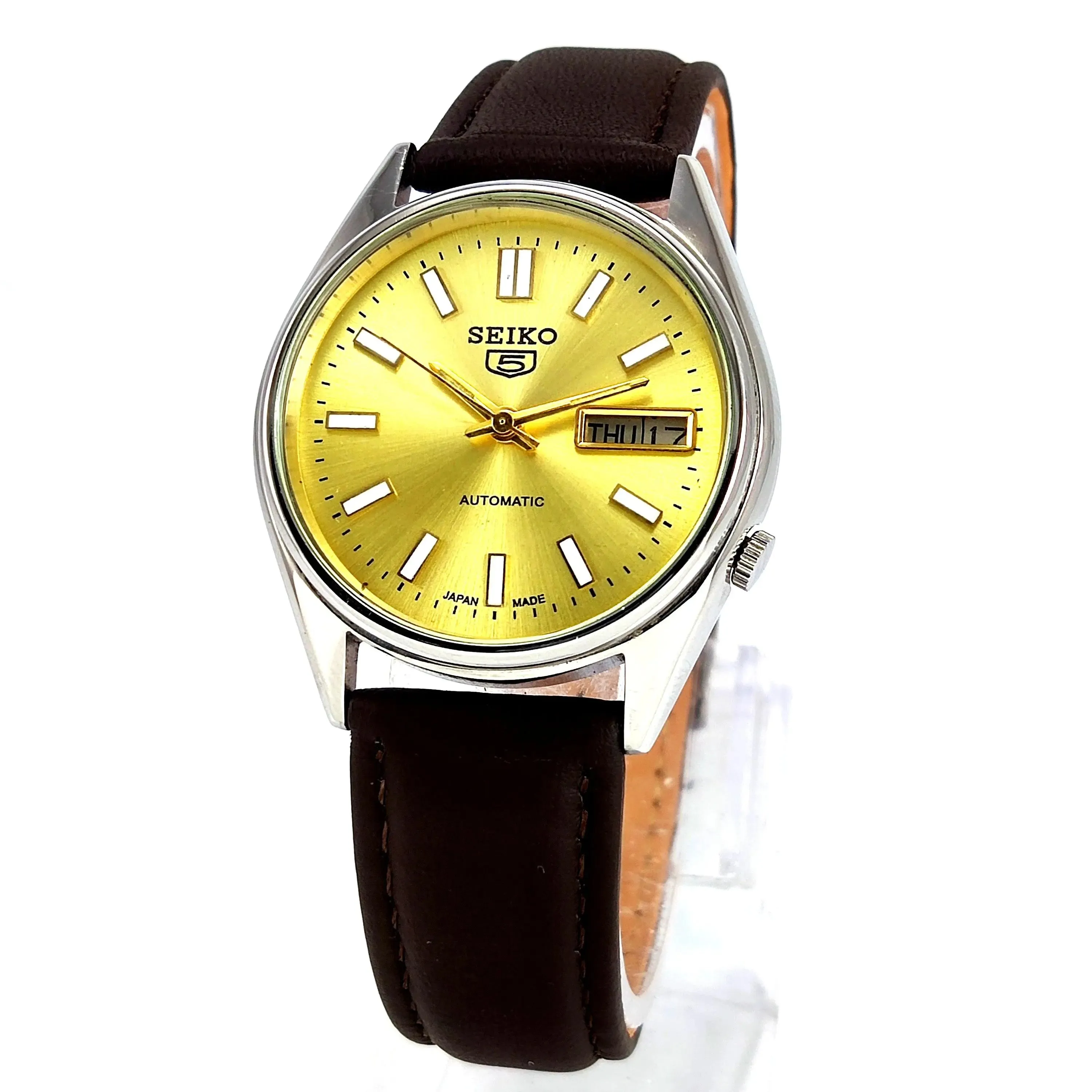 Seiko 5 Automatic-7009A Golden Dial 17 Jewels Day Date Men's Wrist Mechanical Watch