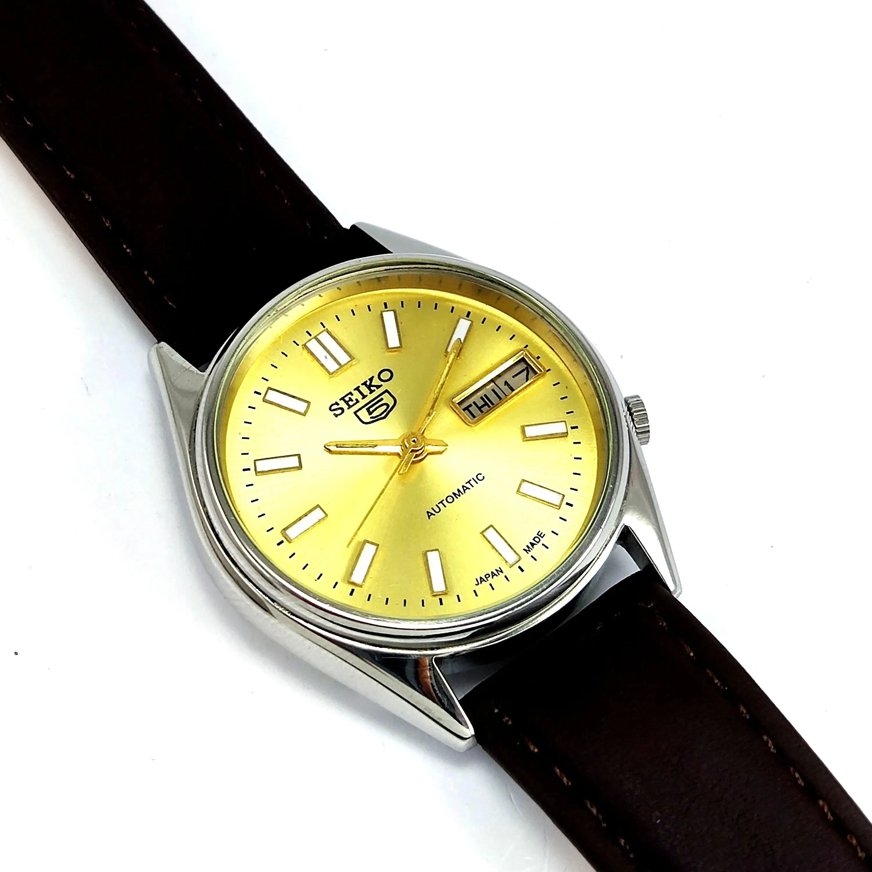Seiko 5 Automatic-7009A Golden Dial 17 Jewels Day Date Men's Wrist Mechanical Watch