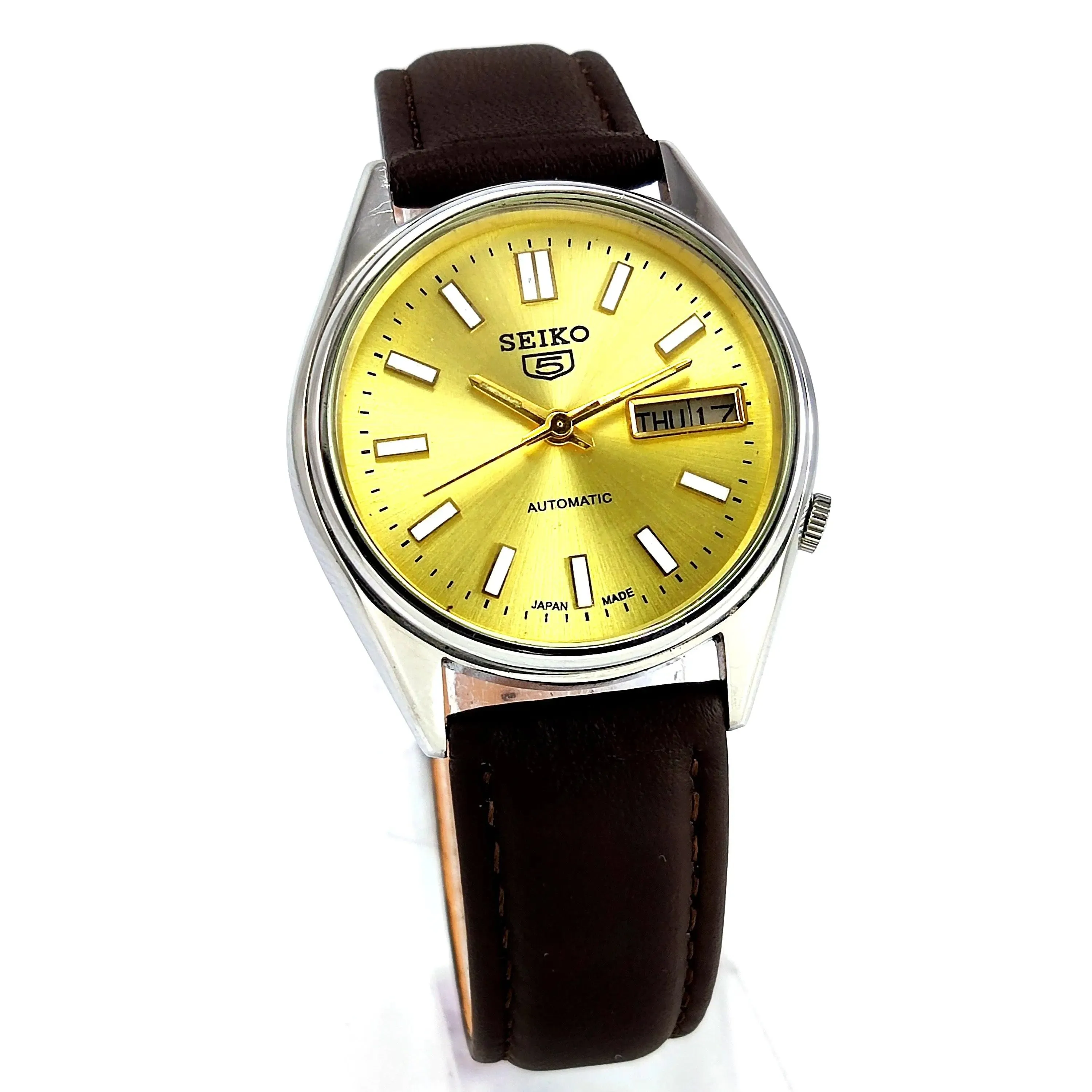 Seiko 5 Automatic-7009A Golden Dial 17 Jewels Day Date Men's Wrist Mechanical Watch