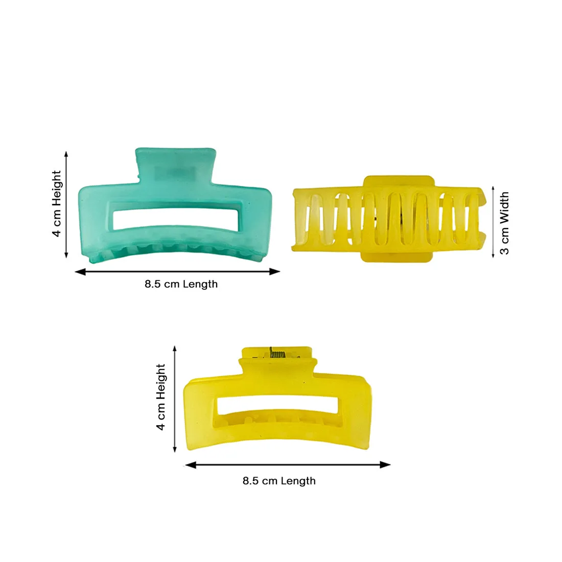 Set of 3 Oversized Neon Green, Yellow & Blue Rectangular Matte Finish Hair Clutch Claw Clips